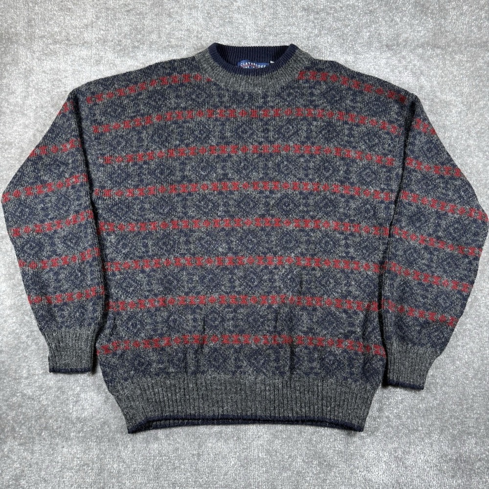Claybrooke Sweater Men's Large Gray Red Wool Blend Crewneck Fairisle Italy